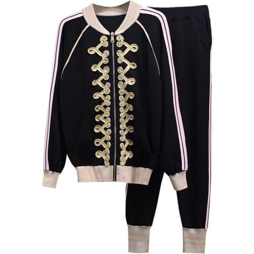 High Quality Autumn Zipper Knit Sweaters Set Female Casual Tracksuits 2pcs Retro Floral Tops Harem Pants Two Pieces Set Spring