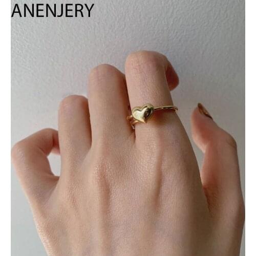 ANENJERY 925 Sterling Silver Heart Shaped Rings for Women New Minimalist Gold Color Adjustable Accessories S-R889