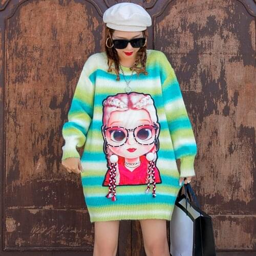 Winter Thick Sweater Vintage Striped Cartoon Pattern Sequined Womens Long Sleeve Pullovers Loose Soft Fashion Kawaii Knitwear