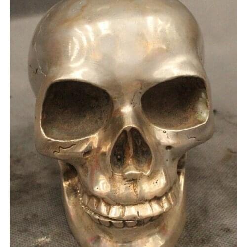 4"China Chinese Sillver Lifelike Skull Head By Gamble Statue