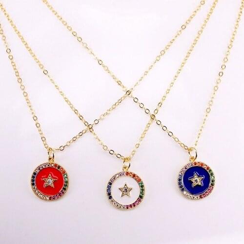 6PCS, Gold Filled Enamel CZ Micro Pave Women Jewelry Fashion Rainbow Crystal Round Pendant Necklaces