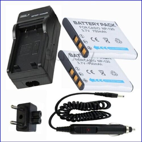 Battery (2-Pack) + Charger for Casio NP-120, NP 120, NP120 Lithium Ion Rechargeable 3.7 V,750mAh