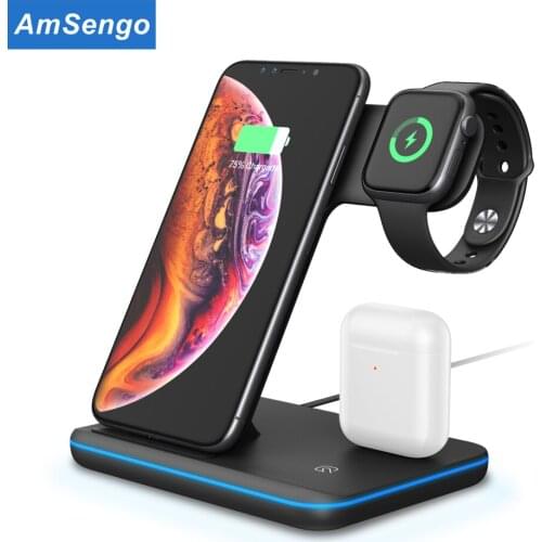 Amsengo QI 15W Fast Charge 3 In 1 Wireless Charger For Iphone 12 11 Pro Charger Dock For Apple Watch 5 Airpods Pro Charge Stand