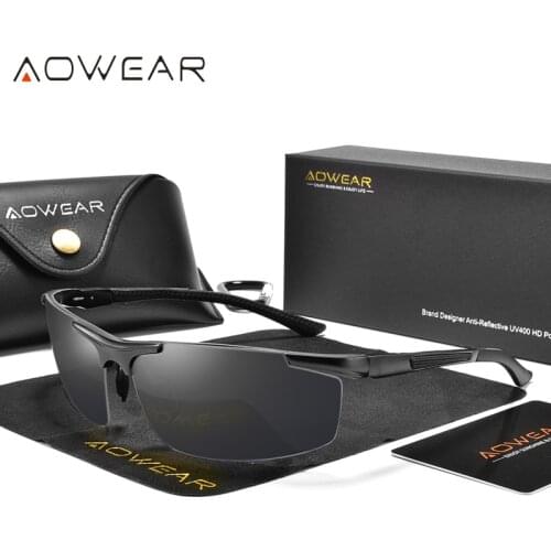 AOWEAR Luxury Aluminium Rimless Sunglasses Men Polarized Sport Outdoor Mirror Sun Glasses for Men Drive Eyewear with Accessories