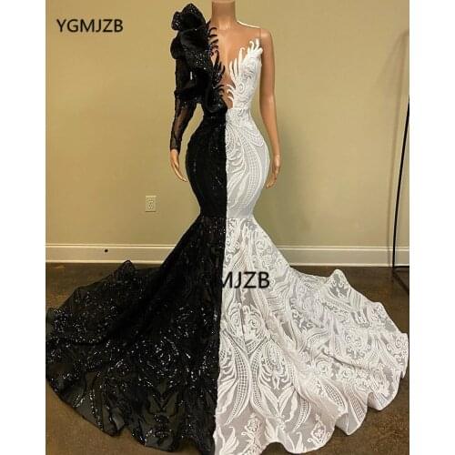 Sequined White Prom Dresses 2021 Formal for Black Girls Mermaid One Shoulder Long Sleeveve Rufflues African Evening Gowns