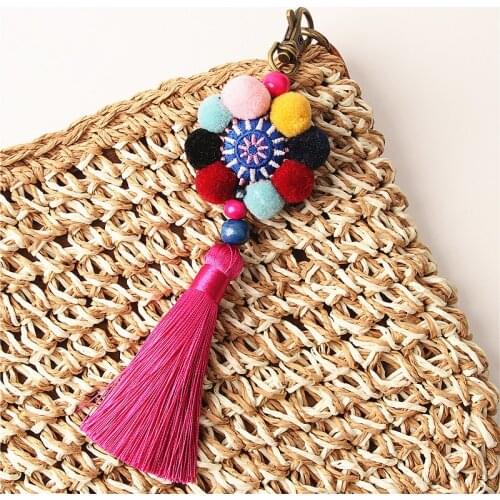 1 Pc Colorful Boho Pom Pom Keyring Long Tassel Car Keychain Flower Charms Wooden Beads For Women Bag Accessories E2270/E2297