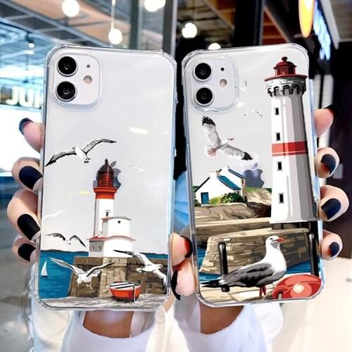 Hand Painted Lighthouse Print Bird Seagull Clear Phone Case for iphone 11 12 Pro Max 6s 7 8 Plus SE 2020 X XS MAX XR Soft Cover