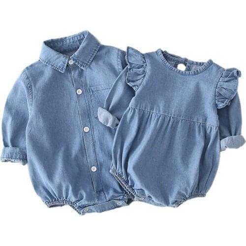 Long Ruffle Sleeve Baby Clothes Jumpsuit Solid Denim Baby Autumn Boy Rompers Vintage Baby Girl Romper