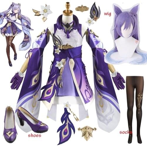 Game Genshin Impact Keqing Cosplay Costume Purple Uniform Elegant Dress Wig Canival Halloween Outfit For Women shoes petticoat