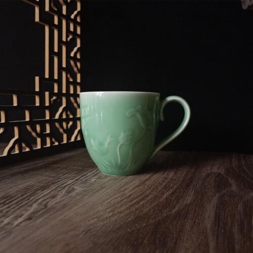 Coffee Mug 8oz Chinese Teacup Engraved Relief Lotus and Fish Ceramic Cup 260ml Porcelain Drinkware Microwave and Dishwasher Safe