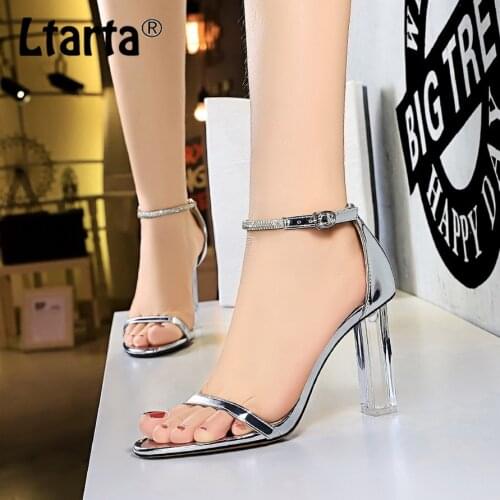 LTARTA Summer Fashion Simple Transparent Heel Super High Heel Summer High Heels Open Toe Rhinestone One-word Sandals DS