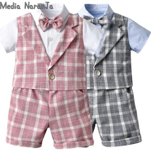 Summer Gift Clothing Boys' Baby Suit Gentleman Short-Sleeved Plaid Fake Vest Two Piece bow tie clothing set