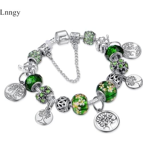 Lnngy Tibetan Silver Tree of Life Fashion Bead Bracelet Green Leaf Floral Crystal Charm Bracelet & Bangle Pulsera Jewelry gifts