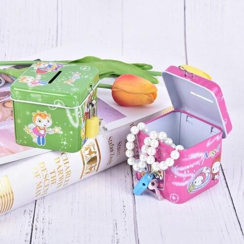 Cartoon Cute Square Tin Metal Piggy Bank Saving Cash Coin Money Box Children Toy Kids Gifts With Lock Random Color
