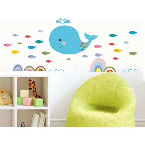 Cartoon Whale Fishes Wall Stickers For Kids Room Bathroom Baseboard Home Decoration Diy Animal Wall Mural Art Pvc Decals Posters