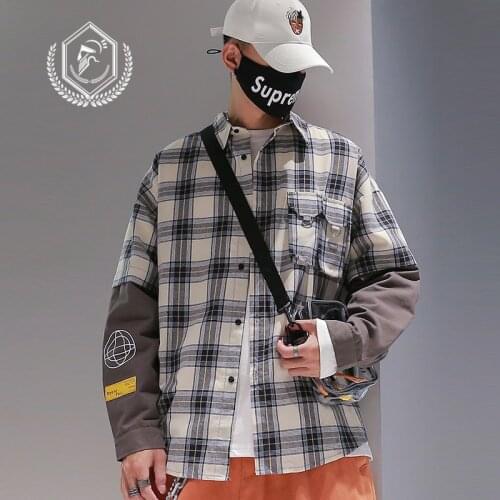 Men Fashion Loose Plaid Print Casual Patchwork Hip Hop Shirts