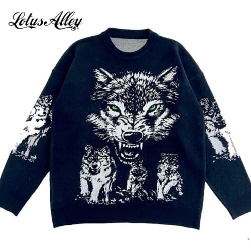 Hip Hop Mens Knitted Sweater Wolf Print Black Jumper Harajuku Pullover Long Sleeve Knitwear Top Casual Fashion Men Women Outwear