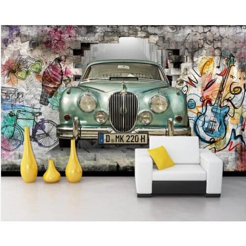 Custom mural on the wall 3d wallpaper Vintage car hand drawn graffiti through wall home decor photo wallpaper for living room