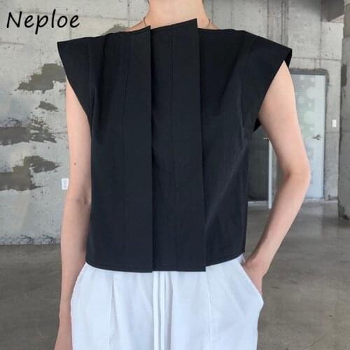 Neploe Work Style Ol Simple Pleat Blouse Women O Neck Short Sleeve Black Blusas Summer 2021 New All Match Ladies Top
