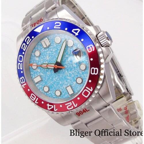 NH35A Sky Blue Selfwinding Men Watch BLUE Red Alloy Insert Luminous Hand Date Magnifier Glide Lock Oyster Strap