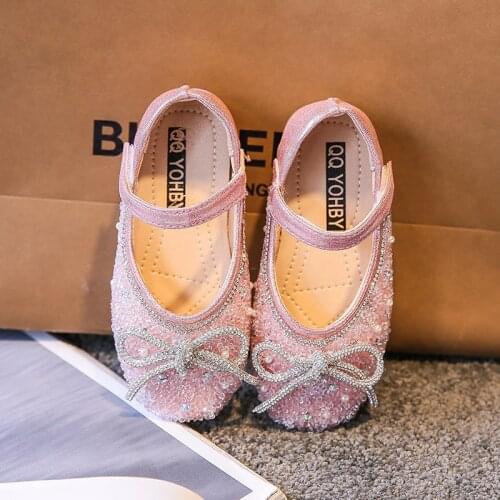 2021 Autumn New Princess Shoes Girls Diamond Leather Shoes Bowknot Water Diamond Korean Shoes Student Casual Flats 1-12 Years