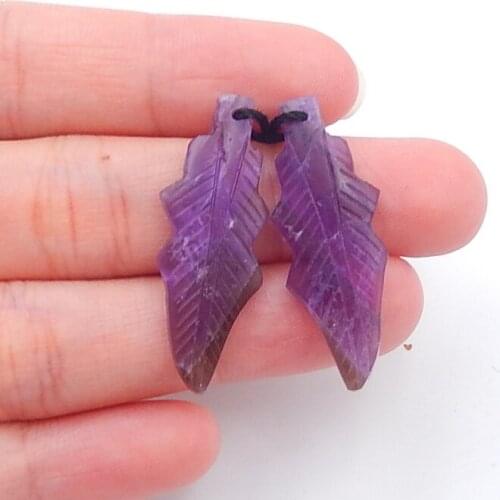 New!! Hand Carved Amethyst Feather shaped earrings beads, 32x12x4mm，4.1g