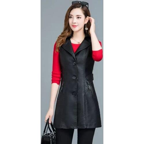 2021 Spring Autumn New Mid-length Leather Vest Female Leather Jacket Womens Clothing Slim Sleeveless Leather Fashion Coat L180