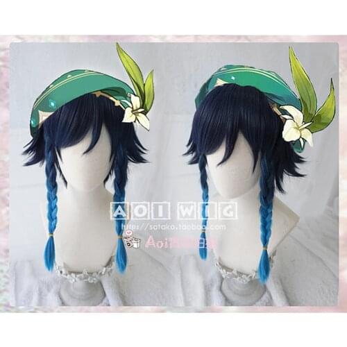 Game Genshin Impact Venti Gradient Blue Wig Braids Cosplay Costume Heat Resistant Synthetic Hair Halloween Party Wigs