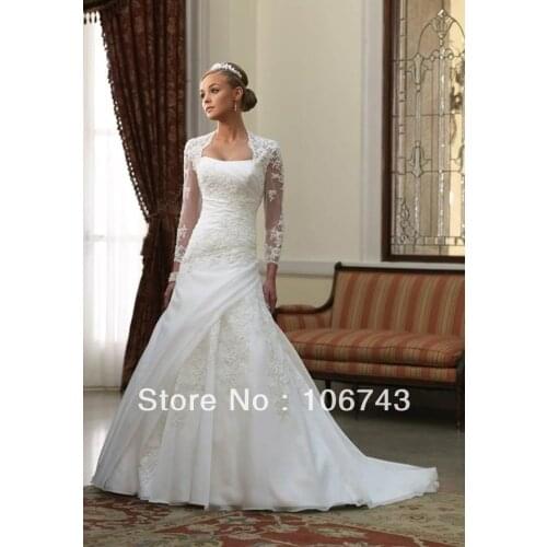 Dresses free shipping 2016 bridal lace bolero jacket Luxurious Long Sleeves Applique Flat Petite Sweep Length Wedding Dress
