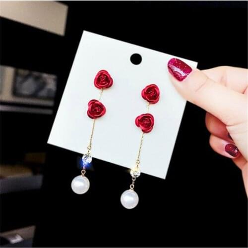 Flower Earrings Crystal Red Rose Earrings Fashion Long Tassel Earring For Women Girls Wedding Party Jewelry Accessories