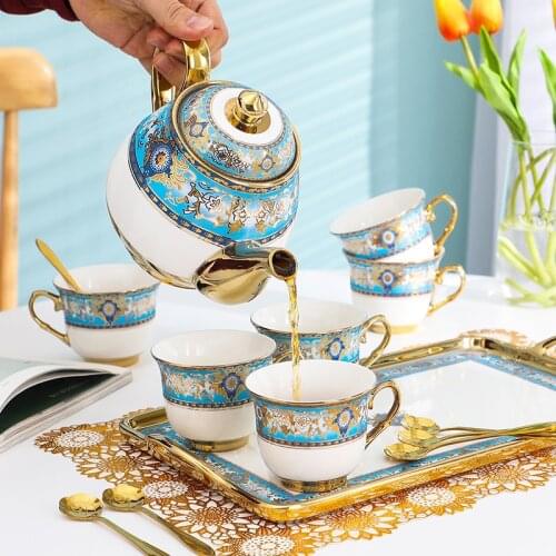 Wedding Nordic Tea Set Luxury Bone China European Cup Flower Tea Set Modern Tea Kettle Jogo De Xicaras Teaware With Tray EF60CJ