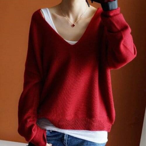 2019 Autumn Winter Cashmere Sweaters Women Fashion Sexy V-Neck Sweater Loose Thickening Wool Sweater Batwing Sleeve Pullover Top