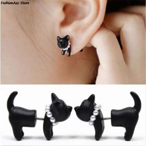 1 Pair High grade Fashion Women Gifts Black Puncture Ear Jewelry Black 3D Pearl Kitty Cat Stud Earrings For Women