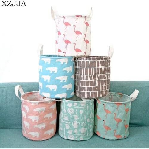 XZJJA Cute Flamingo Cotton Linen Sundries Toys Storage Baskets Folding Dresser Desktop Makeup Organizer Cosmetics Container