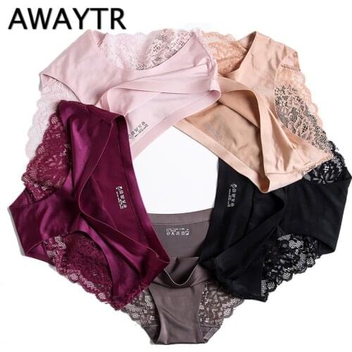 Awaytr Wholesale Womens Sexy Lace Ice Silk Panties Seamless Panty Briefs Underwear Intimates Panties Women Hot Sale