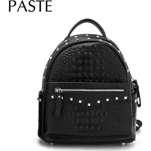 Silver Rivet Design Crocodile Pattern Cowhide Leather Women Backpack Black Fashion Big Capacity Zipper Travel Rucksack