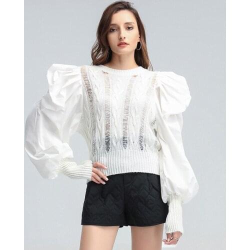 2021 New Patchwork Puff Sleeve For Female Sweateres O Neck Long Sleeve High Waist Loose Womens Casual Sweater Fashion Tide