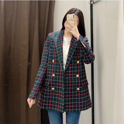 Womens Vintage Tweed Plaid Blazer Coat Double Breasted Long Sleeve Suit Jacket Ladies Elegant Office Wear Blazer Outwear