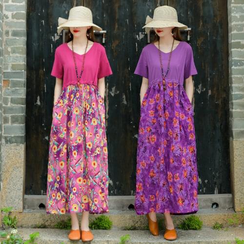 Vintage Dress 2021 New Arrival Patchwork Soft Cotton Linen Loose Summer Dress Print Floral Holiday Travel Casual Women Dress
