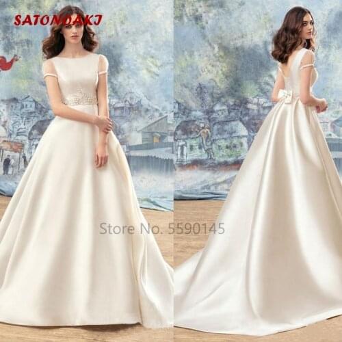 Vintage Simple Modest Wedding Dress Short Sleeves Scoop Neck A-Line Bridal Gowns Back Zipper With Bow Vestido De Novia Undefined