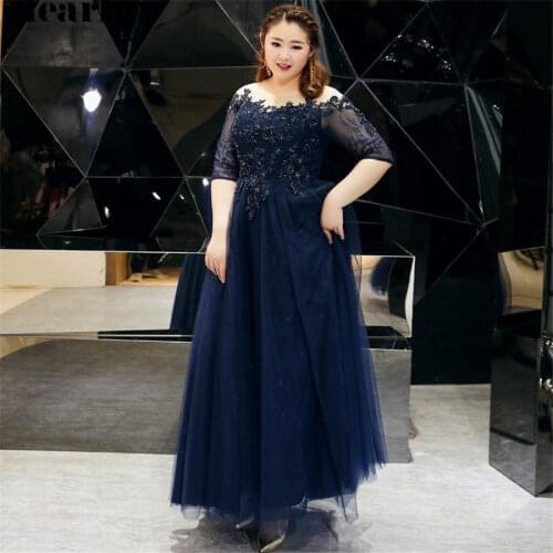 Evening Dresses Long Navy Blue Vintage Robe De Soiree T528 2019 New Plus Size Elegant Women Party Dresses Lace Formal Prom Gown