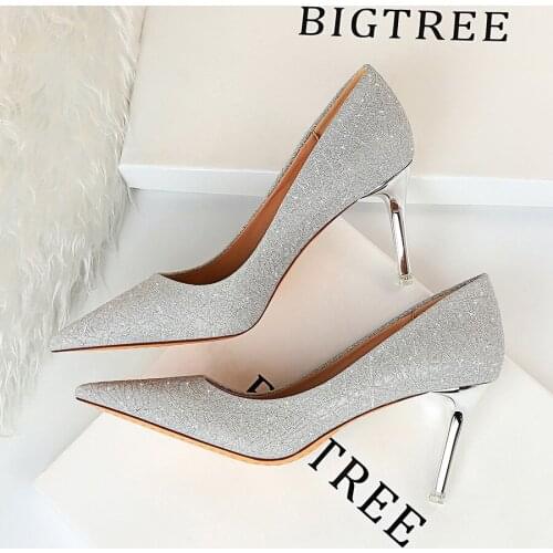 2020 Women 7.5cm High Heels Fashion Pumps Pink Bling Sequin Elegant Lady Stripper Scarpins Female Sexy Prom Wedding Bridal Shoes