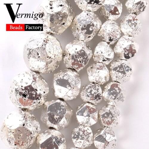 6/8/10mm Natural Faceted Silver Plated Hematite Lava Stone Round Beads for Jewelry Making Supplies Diy Bracelets Necklace 15"