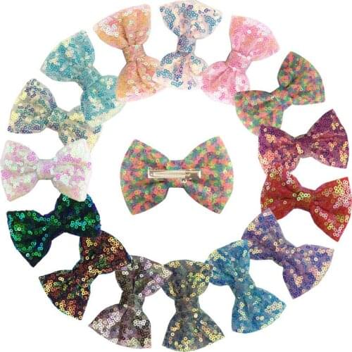 15Pcs Sequin Hairbows With Alligator Clips Girl Hair Accessory 3" Glitter Bows Hair Clip Sparkly Fabric Hair Bows