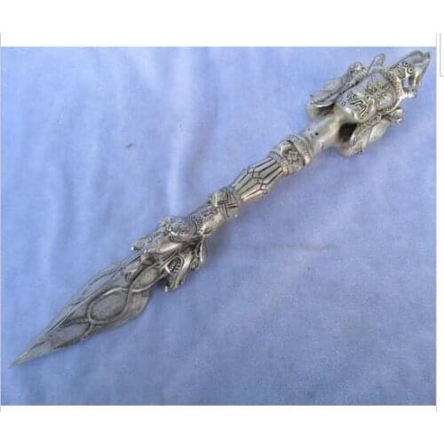 FREE SHIPPING Brass Old Handwork Tibet silver Buddhist Sword,Carved 3 face Buddha head /Ritual Dagger statue Long 14 inch
