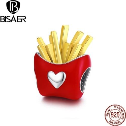 BISAER Delicious Fries Charms 925 Sterling Silver Food Beads Pendant For Bracelets Necklace 2020 Fashion Jewelry Gift ECC1606