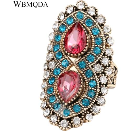 Bohemian Jewelry Vintage Big Pink Stone Ring Ethnic Antique Gold Mosaic Blue Crystal Rings For Women Accessories