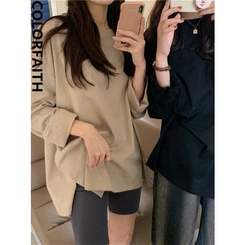 Colorfaith New 2020 Women Autumn Winter T-shirt Solid Bottoming Basic Oversize Wild Fashionable Minimalist Hem Split Tops T1466