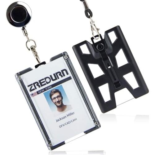 Zayex 2PCS Badge Holder Vertical Top Load Four Cards Holder - Hard Plastic with Heavy Duty Lanyard and retractable key holder
