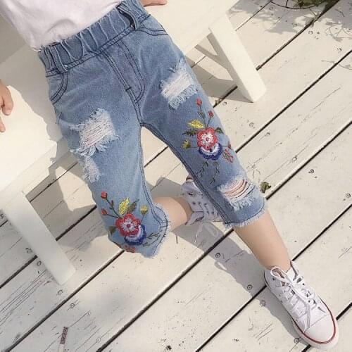 Children Jeans Pants Summer Girl Clothes Kids Girls Embroidery Print Casual Pants Children Broken Hole Denim Pants Kids Jeans